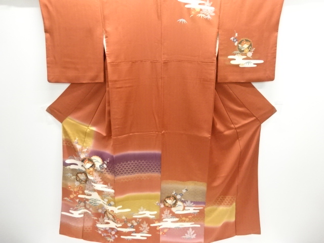 JAPANESE KIMONO / HOMONGI / SILK / ROUNDEL & BUTTERFLY & UME & BAMBOO